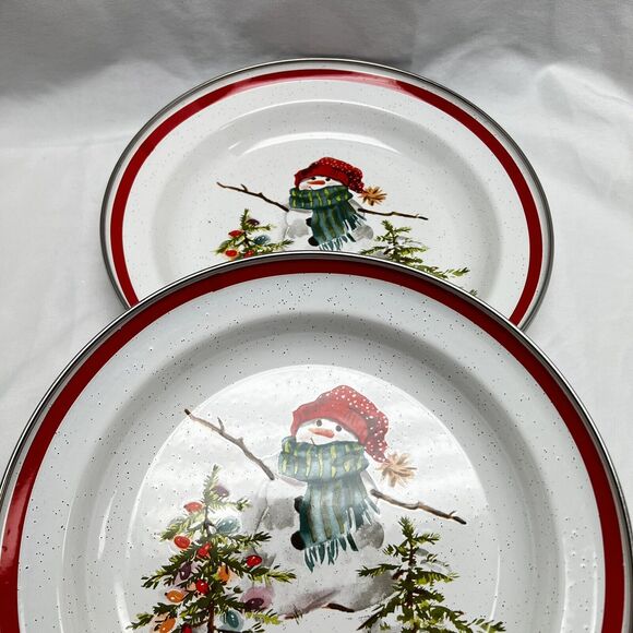 Hallmark VTG Mitford Snowman 10” Enamel Serving Plate Bowl (2) Christmas Holiday - Picture 2 of 6
